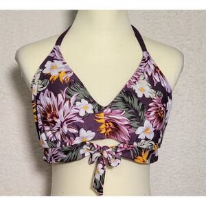 Kona Sol Bikini Top Twist Front Halter Floral Size XL Purple Swimsuit 0486